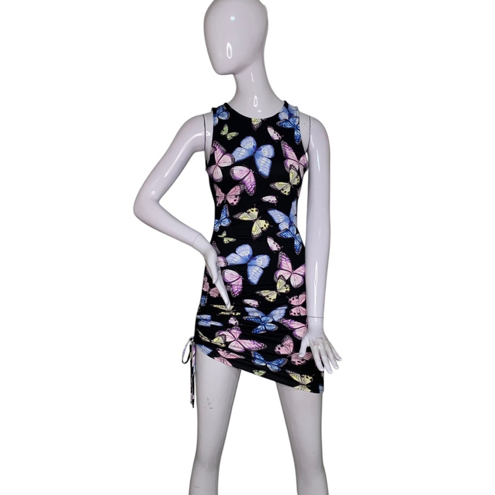 Haute Monde Backless Halter Dress Butterfly Print Black/Multicolor Size S